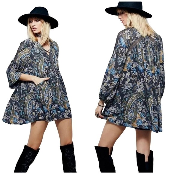 Free People Womens Rain or Shine Crochet Trim Boho Dress Paisley Print Green XS - Picture 1 of 10